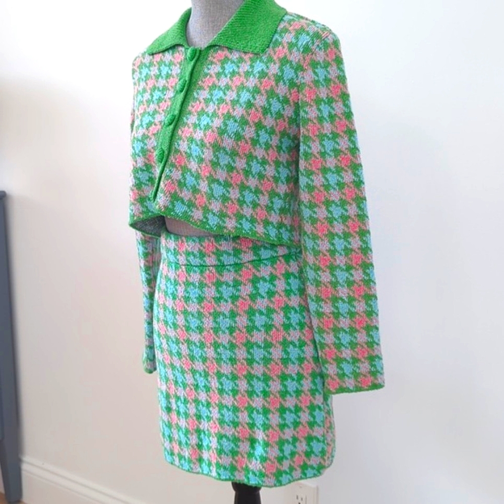 ZARA Houndstooth Knit Crop Cardigan & Skirt Set 2 pc S pink green mini skirt - Picture 4 of 13